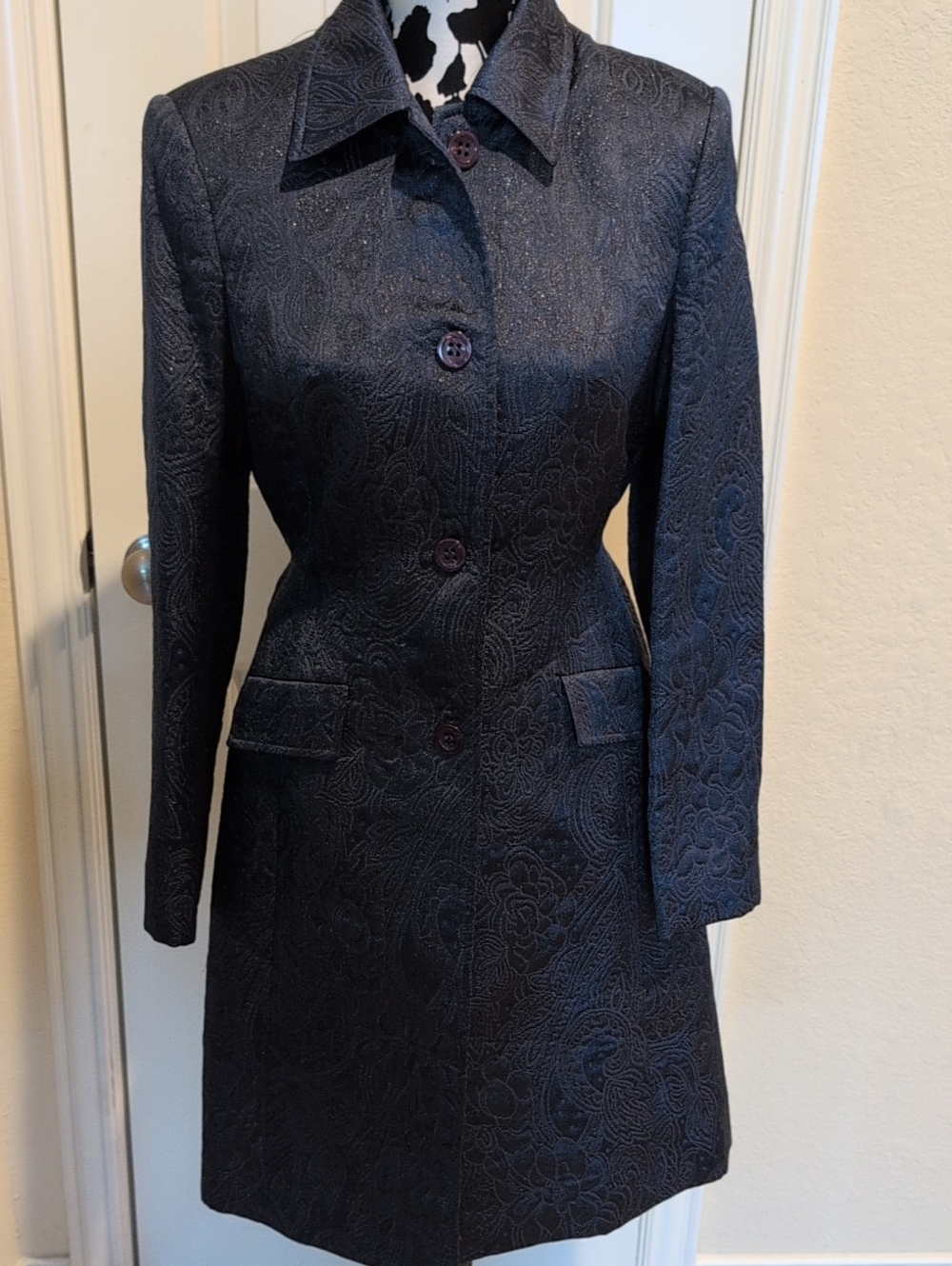 Jones New York Navy Blue Paisley-Textured Long Coat Sz 6 And Skirt Sz 8 Set